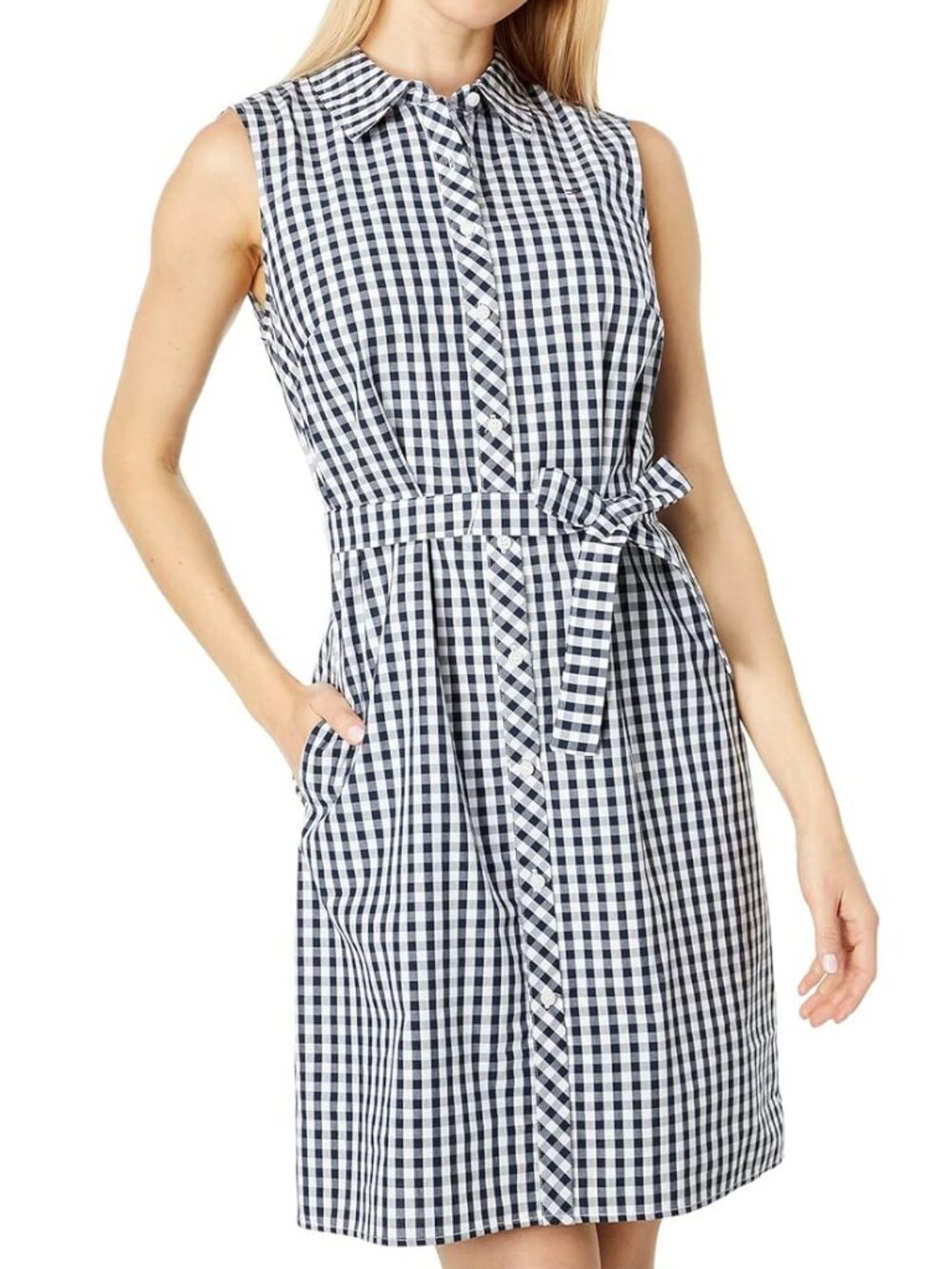 Tommy Hilfiger Navy Gingham Tie Waist Shirt Dress Size 6